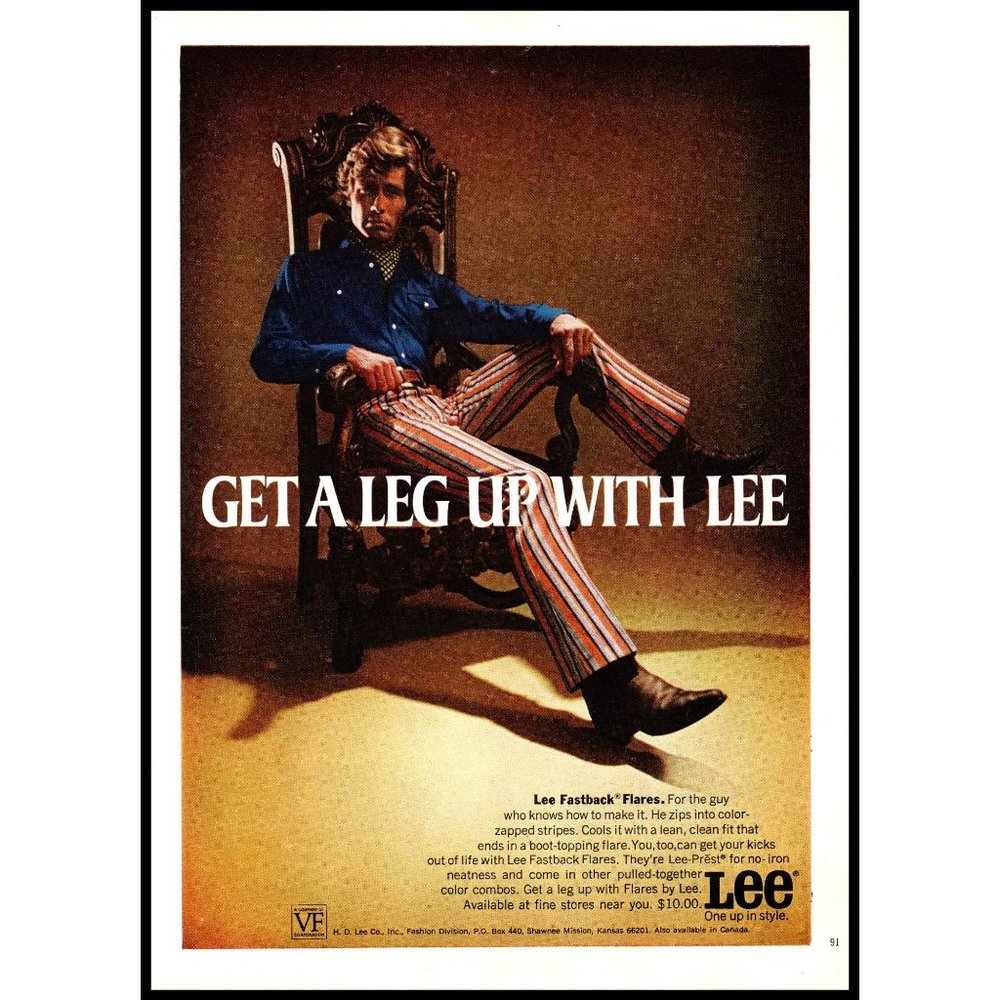1970 Lee Fastback Flares Flare Leg Pants Vintage Print Ad Blue Shirt Wall Art